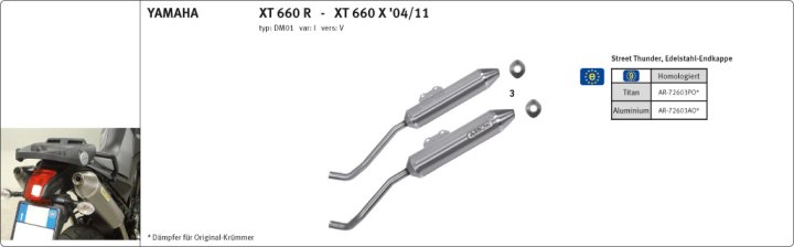 ARROW Auspuff THUNDER für Yamaha XT660R / XT660X Modelljahr 2004-2016, Aluminium