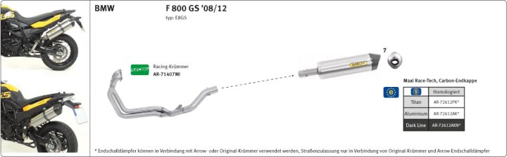 ARROW Auspuff RACE TECH für BMW F650GS / F800GS / Adventure 2008- aus Aluminium