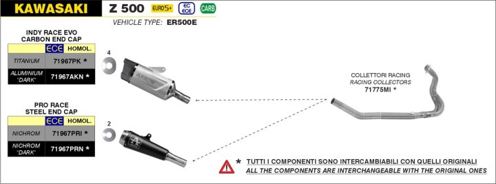 ARROW Auspuff PRO RACE NiChrome für Kawasaki Z500, Ninja 500 Modelljahr 2024-