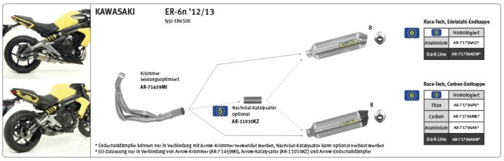 ARROW Racing-Krümmer für Kawasaki ER6f 2012-16 / ER6n 2012-16 / Versys650 2015-16 / Versys650 2017 ,