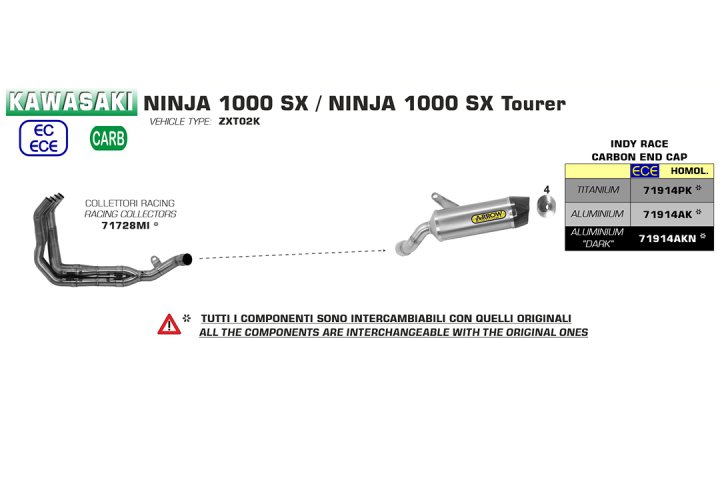 ARROW Auspuff INDY RACE mit Carbon Endkappe für Kawasaki Ninja 1000SX Modelljahr ab 2020, Aluminium