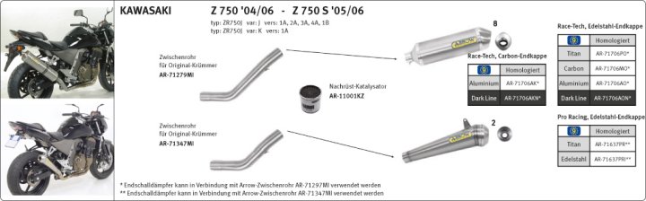 ARROW Auspuff RACE TECH für Kawasaki Z750/S 2004-06 aus Aluminium
