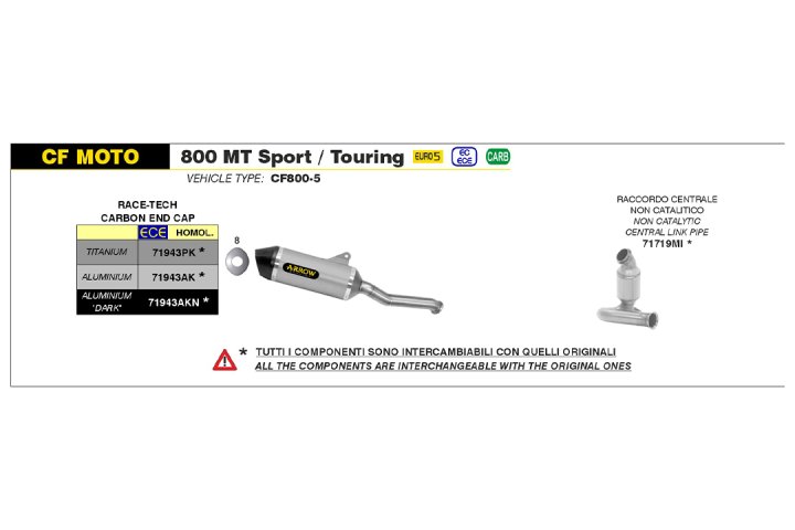 ARROW Auspuff RACE-TECH Aluminium für CF Moto 800 MT Sport / Touring Modelljahr 2022-