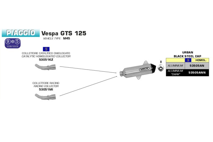 ARRROW Krümmer für Piaggio Vespa GTS125i.e. Super 2008-16 / Vespa GTS300 2008-15, mit Katalysator