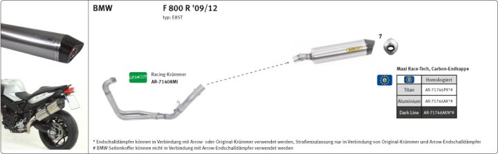 ARROW Auspuff MAXI RACE TECH für BMW F800R 2009-16 aus Aluminium, schwarz
